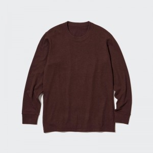 Men Uniqlo HEATTECH Ultra Warm Crew Neck Long-Sleeve T Shirts Burgundy | 7009058