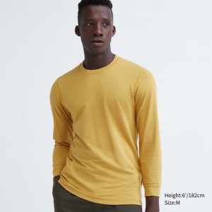 Men Uniqlo Heattech Cotton Crew Neck Extra Warm T Shirts Yellow | 8151939