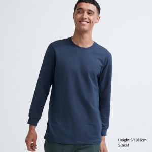 Men Uniqlo Heattech Cotton Crew Neck Extra Warm T Shirts Blue | 8203197
