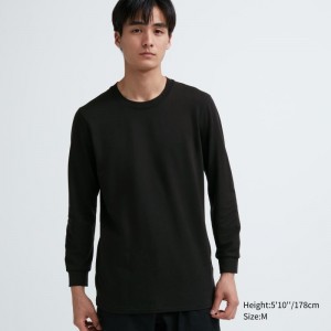 Men Uniqlo Heattech Cotton Crew Neck Extra Warm T Shirts Black | 3280298
