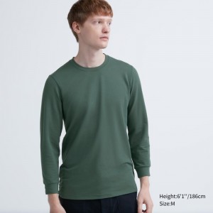 Men Uniqlo Heattech Cotton Crew Neck Extra Warm T Shirts Olive | 6850134
