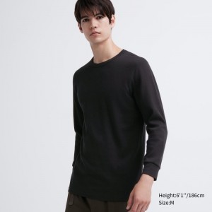 Men Uniqlo Heattech Cotton Waffle Crew Neck Extra Warm T Shirts Black | 8710819