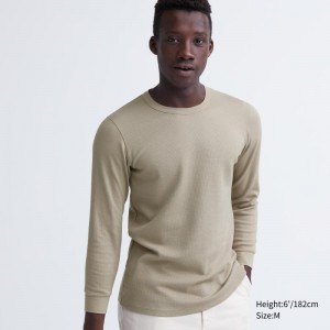 Men Uniqlo Heattech Cotton Waffle Crew Neck Extra Warm T Shirts Beige | 3004538
