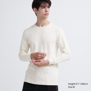 Men Uniqlo Heattech Cotton Waffle Crew Neck Extra Warm T Shirts White | 7474377