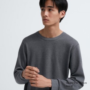 Men Uniqlo Heattech Cotton Waffle Crew Neck Long-sleeve Extra Warm T Shirts Grey | 7297973
