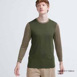 Men Uniqlo Heattech Crew Neck Long Sleeve T Shirts Green | 4204326