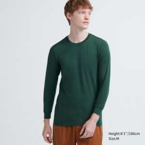 Men Uniqlo Heattech Crew Neck Long-sleeve T Shirts Green | 6752870