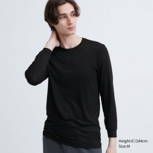 Men Uniqlo Heattech Crew Neck Long-sleeve T Shirts Black | 7679512