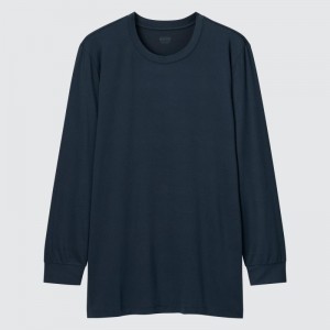 Men Uniqlo Heattech Crew Neck Long-sleeve T Shirts Navy | 9021458