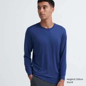 Men Uniqlo Heattech Crew Neck Long-sleeve T Shirts Blue | 6699238