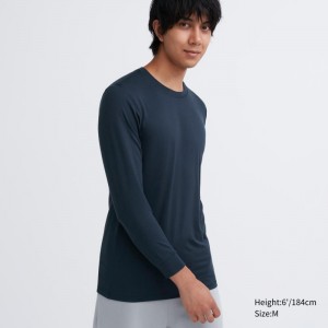 Men Uniqlo Heattech Crew Neck Long-sleeve T Shirts Navy | 4055800
