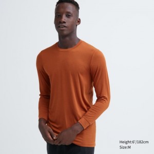 Men Uniqlo Heattech Crew Neck Long-sleeve T Shirts Orange | 9714407