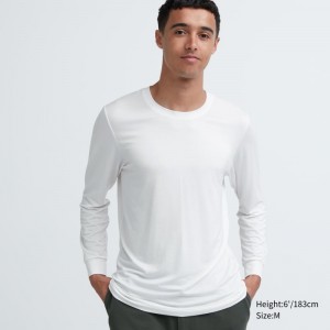 Men Uniqlo Heattech Crew Neck Long-sleeve T Shirts White | 2401406