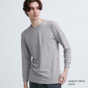 Men Uniqlo Heattech Extra Warm Cotton Crew Neck T Shirts Grey | 8162111