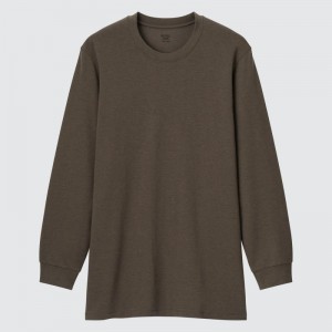 Men Uniqlo Heattech Extra Warm Cotton Crew Neck T Shirts Brown | 8237169