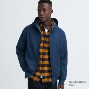 Men Uniqlo Heattech Pile Lined Sweat Full-zip Hoodie Blue | 5862879