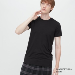 Men Uniqlo Heattech Short Sleeve T Shirts Black | 3705212