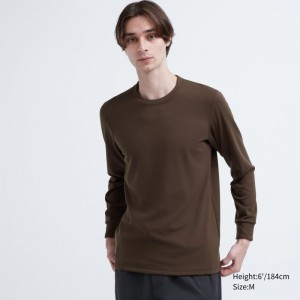Men Uniqlo Heattech Ultra Warm Crew Neck T Shirts Brown | 7013788
