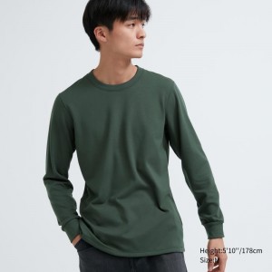 Men Uniqlo Heattech Ultra Warm Crew Neck T Shirts Green | 2186674