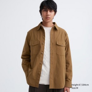 Men Uniqlo Jersey Utility Long-sleeve Overshirt Shirts Brown | 158235