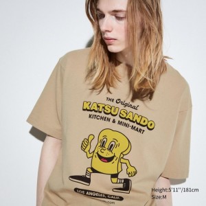 Men Uniqlo L.A. Eats Ut Oversized Short-sleeve Graphic Katsu Sando T Shirts Beige | 3567862