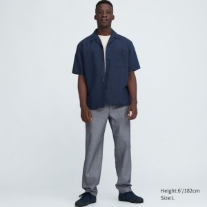 Men Uniqlo Linen Blend Striped Relaxed Fit Pants Blue | 5732392