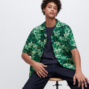 Men Uniqlo Open Collar Short-sleeve Shirts Green | 1499067