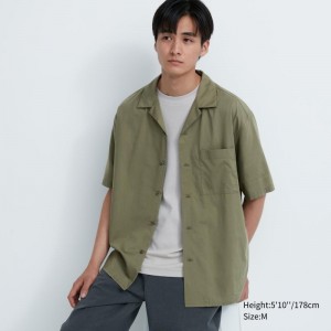 Men Uniqlo Open Collar Short-sleeve Shirts Olive | 9390904