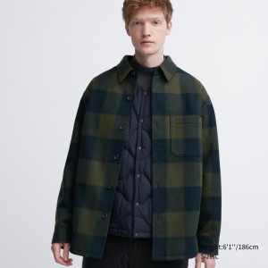 Men Uniqlo Overshirt Jackets Olive | 3578440