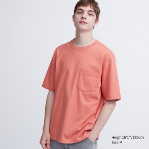 Men Uniqlo Oversized Pocket Crew Neck Half-sleeve T Shirts Orange | 701555