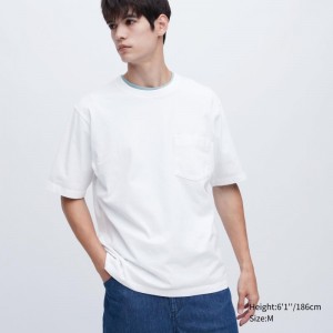 Men Uniqlo Oversized Pocket Crew Neck Half-sleeve T Shirts White | 7619223