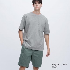 Men Uniqlo Oversized Pocket Crew Neck Half-sleeve T Shirts Grey | 3560685