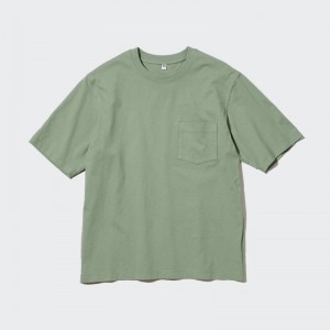 Men Uniqlo Oversized Pocket Crew Neck Half-sleeve T Shirts Green | 2687656