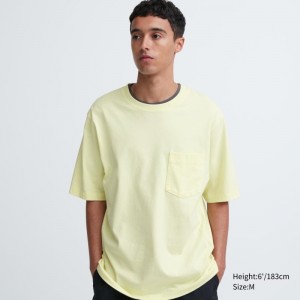 Men Uniqlo Oversized Pocket Crew Neck Half-sleeve T Shirts Yellow | 8176046