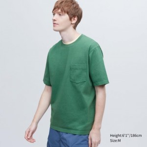 Men Uniqlo Oversized Pocket Crew Neck Half-sleeve T Shirts Green | 4200942