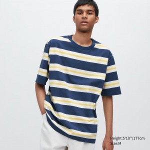 Men Uniqlo Oversized Striped Half-sleeve T Shirts Blue | 7876165