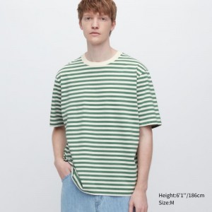 Men Uniqlo Oversized Striped Half-sleeve T Shirts Green | 4225962