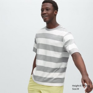 Men Uniqlo Oversized Striped Half-sleeve T Shirts Grey | 4453904
