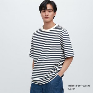 Men Uniqlo Oversized Striped Half-sleeve T Shirts Navy | 3377161