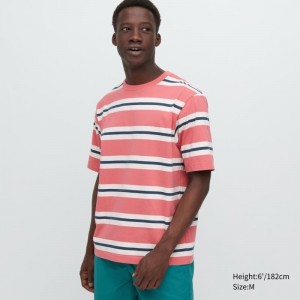 Men Uniqlo Oversized Striped Half-sleeve T Shirts Pink | 7025133