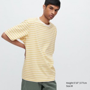 Men Uniqlo Oversized Striped Half-sleeve T Shirts Yellow | 8319381