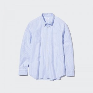Men Uniqlo Oxford Striped Slim-fit Long-sleeve Shirts Blue | 8082188