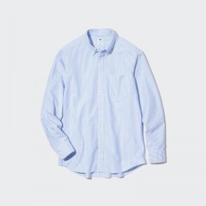 Men Uniqlo Oxford Striped Slim-fit Long-sleeve Shirts Blue | 6976012