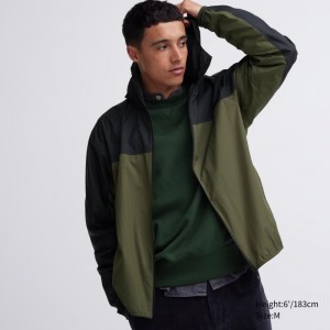 Men Uniqlo Pocketable Uv Protection 3d Cut Color Block Parka Olive | 5331216