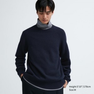 Men Uniqlo Premium Lambswool Crew Neck Long Sleeve Sweaters Navy | 4381818
