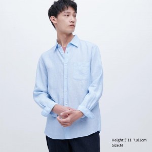 Men Uniqlo Premium Linen Long-sleeve Shirts Blue | 7279771