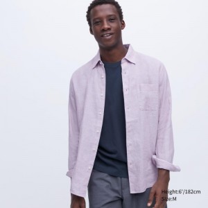 Men Uniqlo Premium Linen Long-sleeve Shirts Pink | 5221865