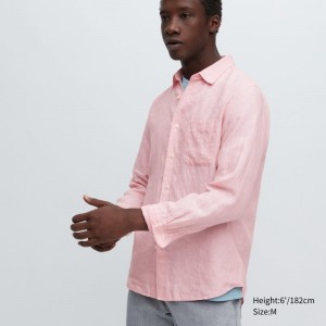 Men Uniqlo Premium Linen Long-sleeve Shirts Red | 5913376