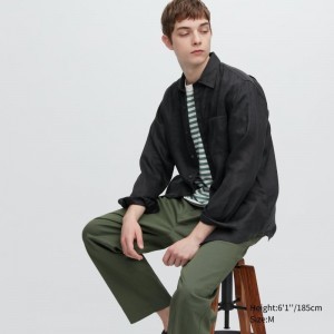Men Uniqlo Premium Linen Long-sleeve Shirts Black | 7309507