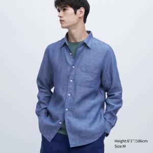 Men Uniqlo Premium Linen Long-sleeve Shirts Blue | 6908774
